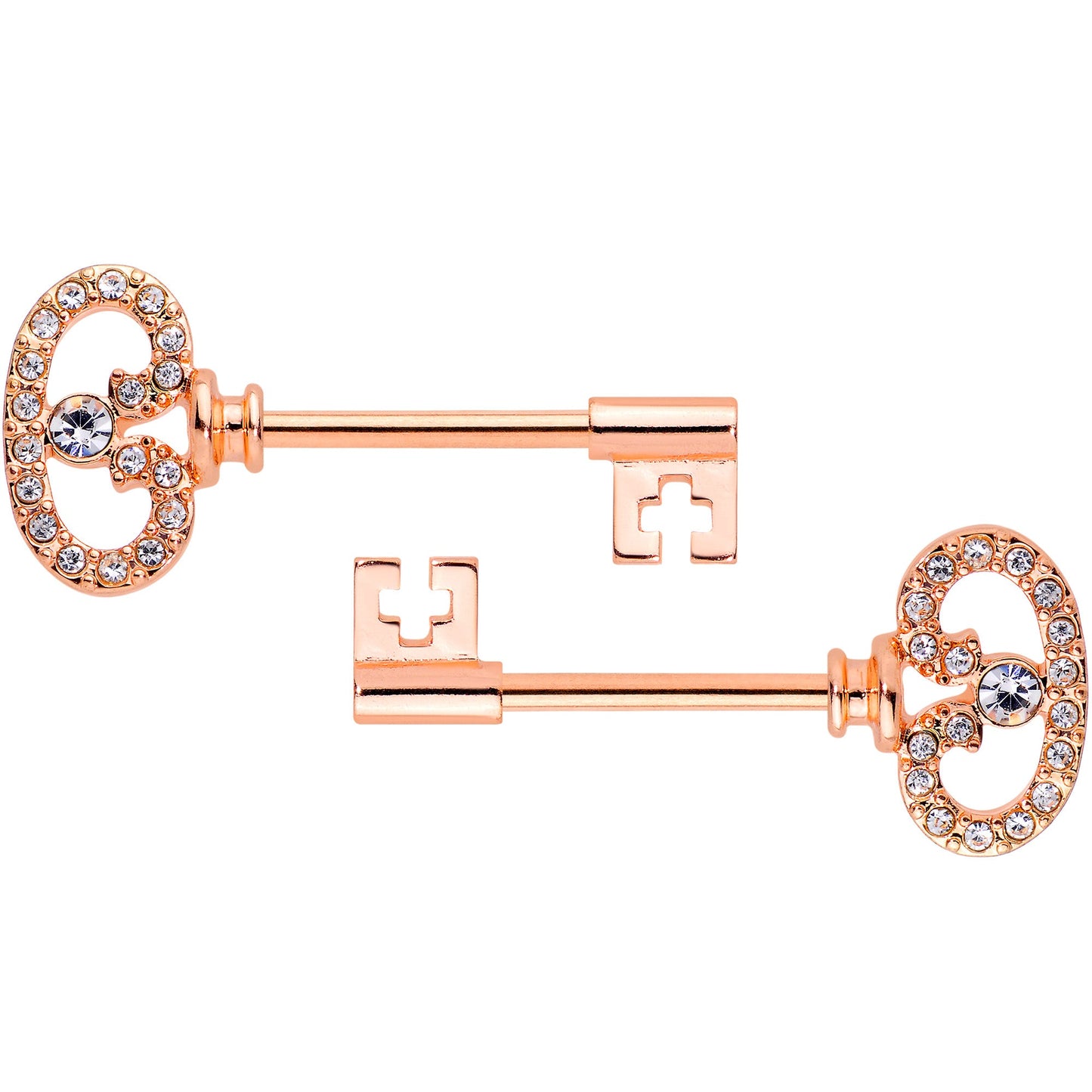 14G 9/16 Clear CZ Gem Rose Gold Tone Key Nipple Ring Set