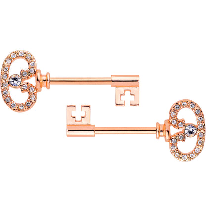 14G 9/16 Clear CZ Gem Rose Gold Tone Key Nipple Ring Set