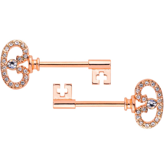 14G 9/16 Clear CZ Gem Rose Gold Tone Key Nipple Ring Set