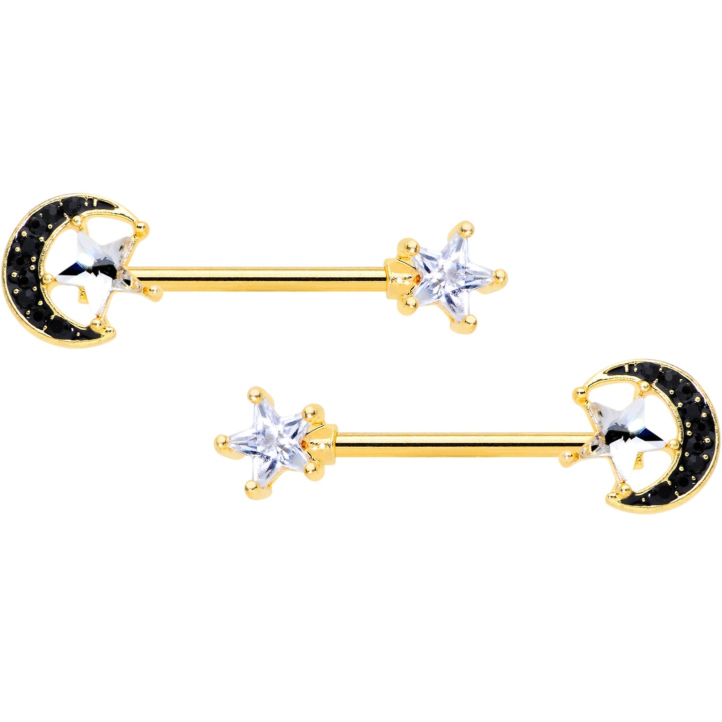 14G 5/8 Clear CZ Gem Gold Tone Black Moon Barbell Nipple Ring Set