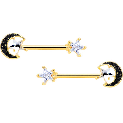 14G 5/8 Clear CZ Gem Gold Tone Black Moon Barbell Nipple Ring Set