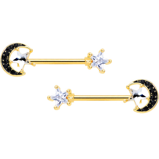 14G 5/8 Clear CZ Gem Gold Tone Black Moon Barbell Nipple Ring Set