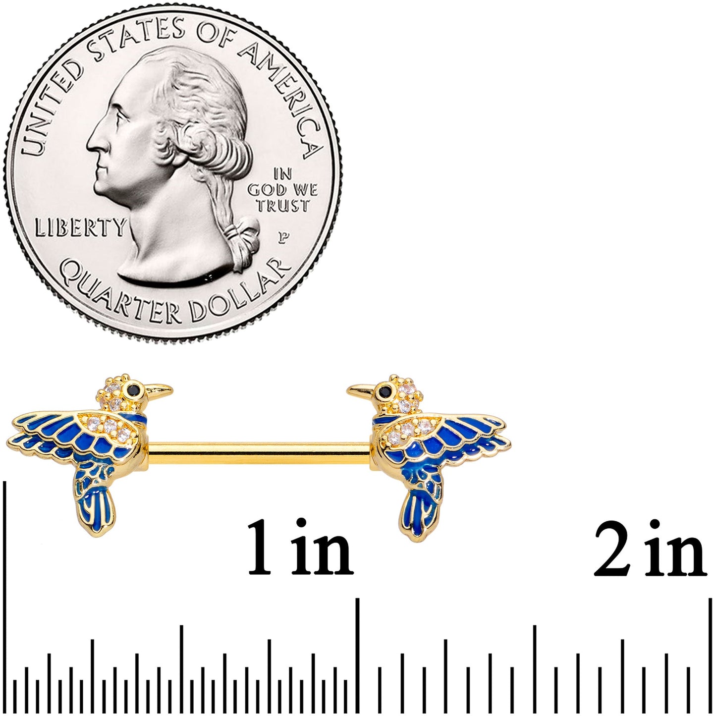 14G 5/8 Clear Gem Gold Tone Blue Bird Barbell Nipple Ring Set