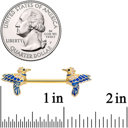 14G 5/8 Clear Gem Gold Tone Blue Bird Barbell Nipple Ring Set