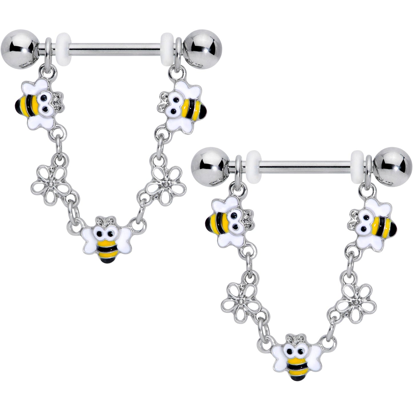 14G 5/8 Little Bees Flowers Dangle Barbell Nipple Ring Set