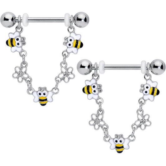 14G 5/8 Little Bees Flowers Dangle Barbell Nipple Ring Set