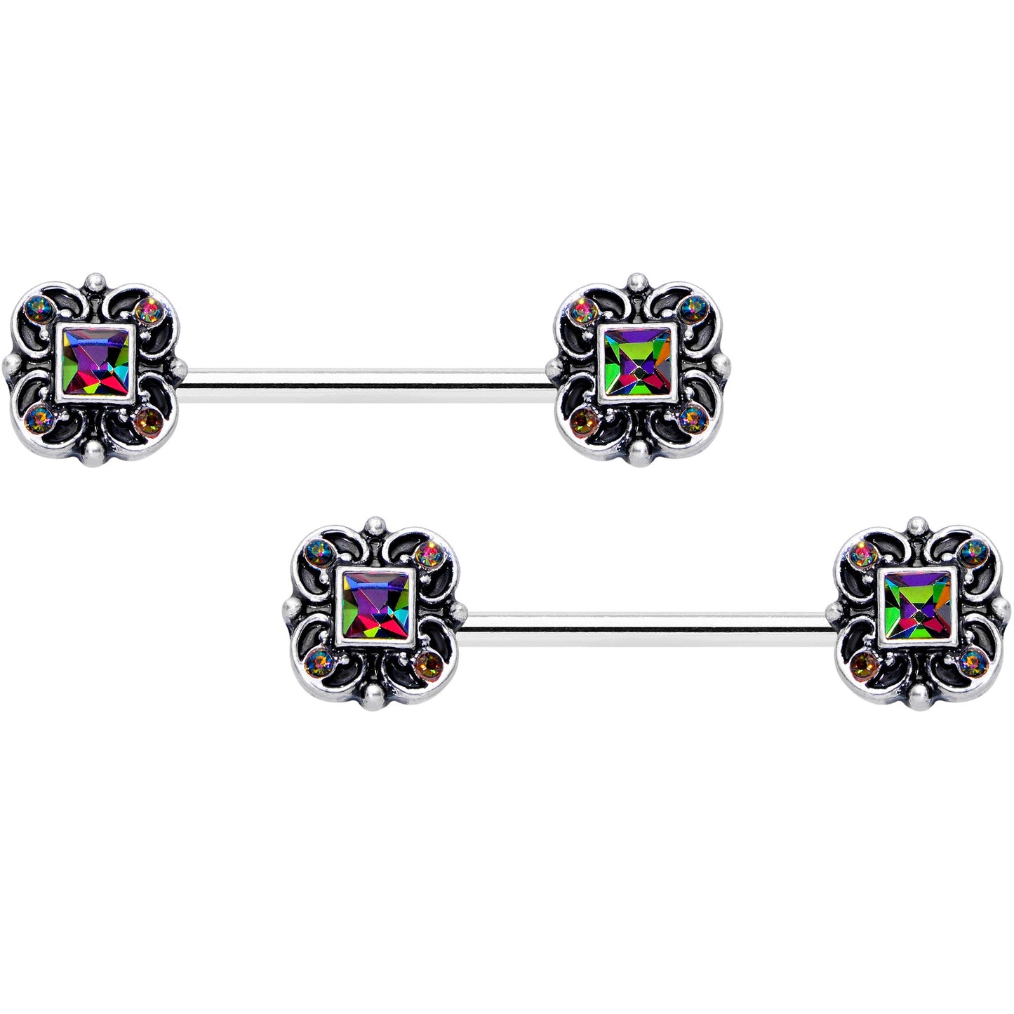 14G 9/16 Vitrail Gem Royal Seal Barbell Nipple Ring Set