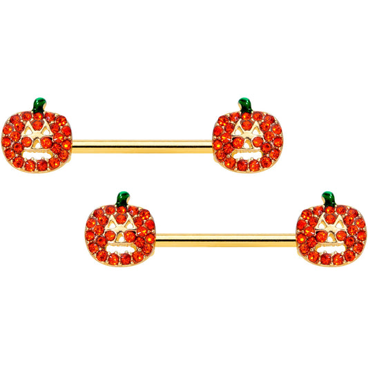 14G 5/8 Orange Gem Pumpkin Halloween Barbell Nipple Ring Set