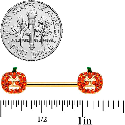 14G 5/8 Orange Gem Pumpkin Halloween Barbell Nipple Ring Set