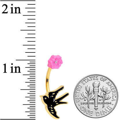 Clear Gem Gold Tone Tattoo Bird Pink Flower Belly Ring