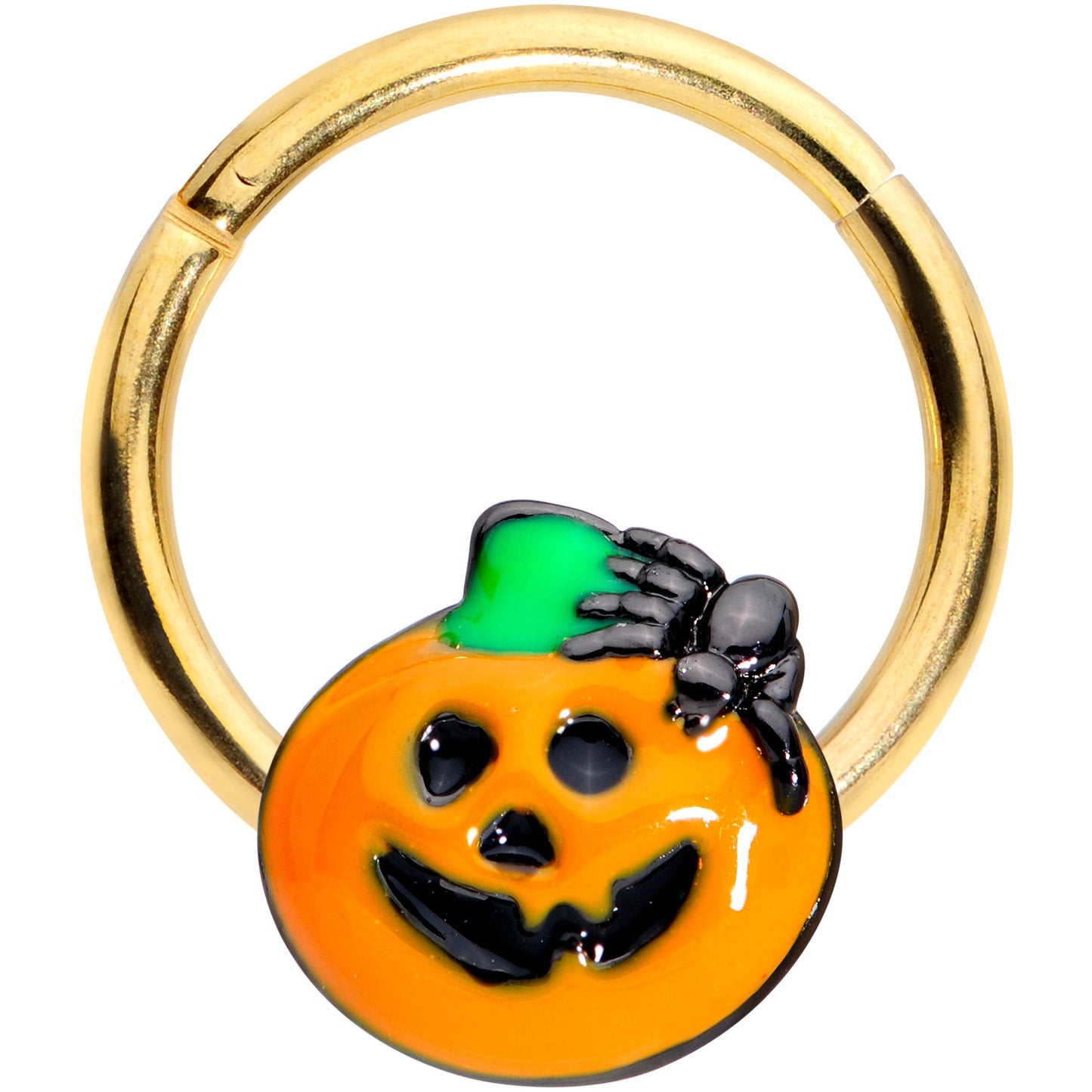 16G 3/8 Gold Tone Spider Pumpkin Halloween Hinged Segment Ring