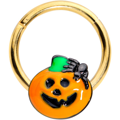 16G 3/8 Gold Tone Spider Pumpkin Halloween Hinged Segment Ring