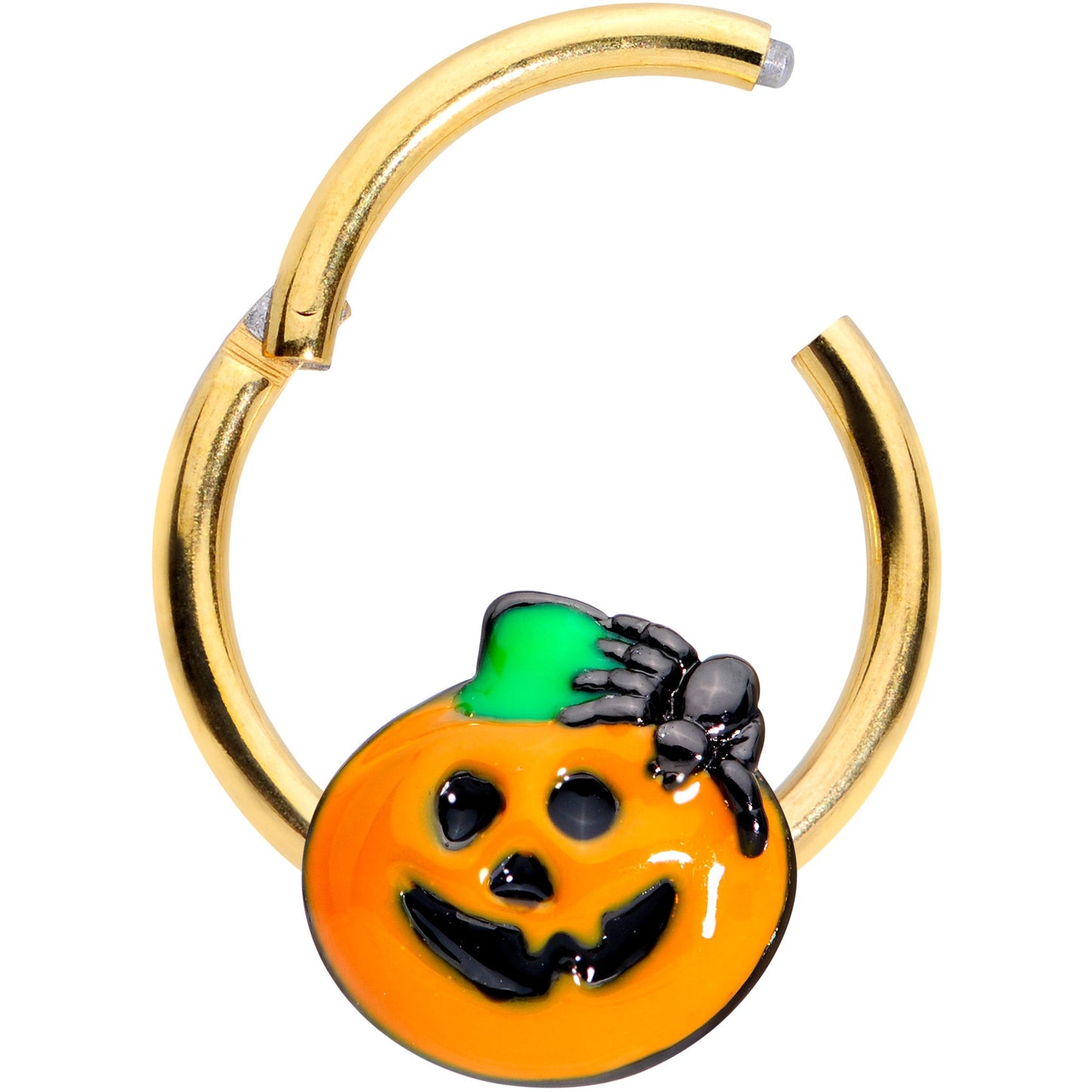 16G 3/8 Gold Tone Spider Pumpkin Halloween Hinged Segment Ring