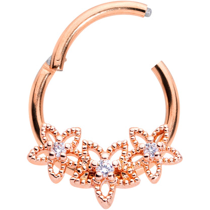 16G 3/8 Clear CZ Gem Rose Gold Tone Floral Hinged Segment Ring