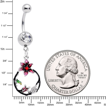 Clear Gem Black Hoop Pink Flower Dangle Belly Ring
