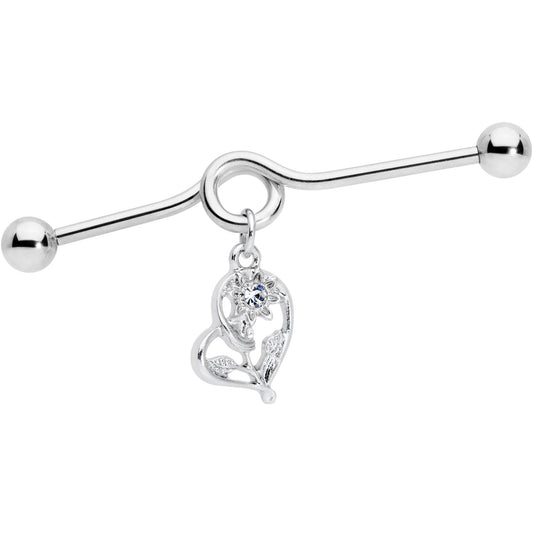 14G Clear Gem Blossoming Heart Flower Dangle Project Bar 38mm