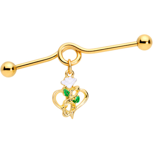 14G Gold Tone Heart Music Valentine Dangle Project Barbell 38mm