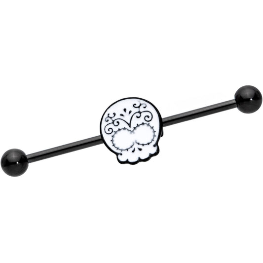 14G Black White Calavera Sugar Skull Industrial Barbell 38mm