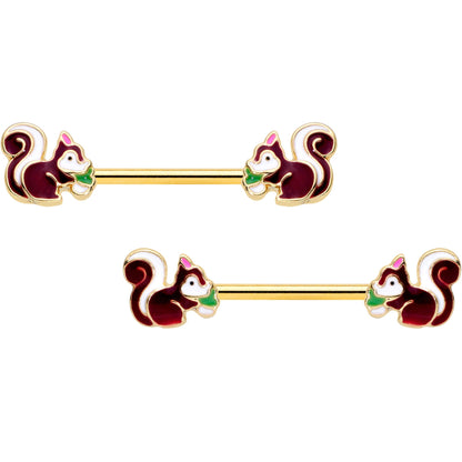 14G 9/16 Gold Tone Snacking Squirrel Barbell Nipple Ring Set
