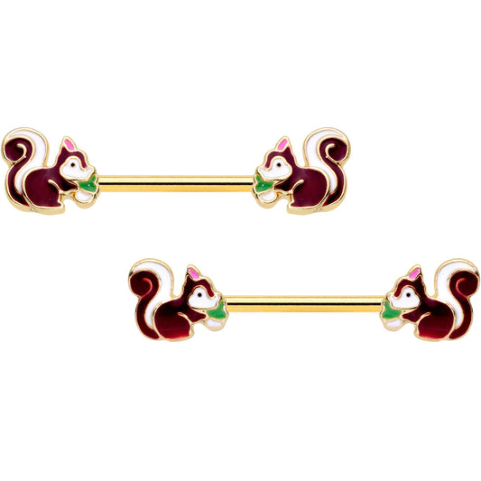14G 9/16 Gold Tone Snacking Squirrel Barbell Nipple Ring Set