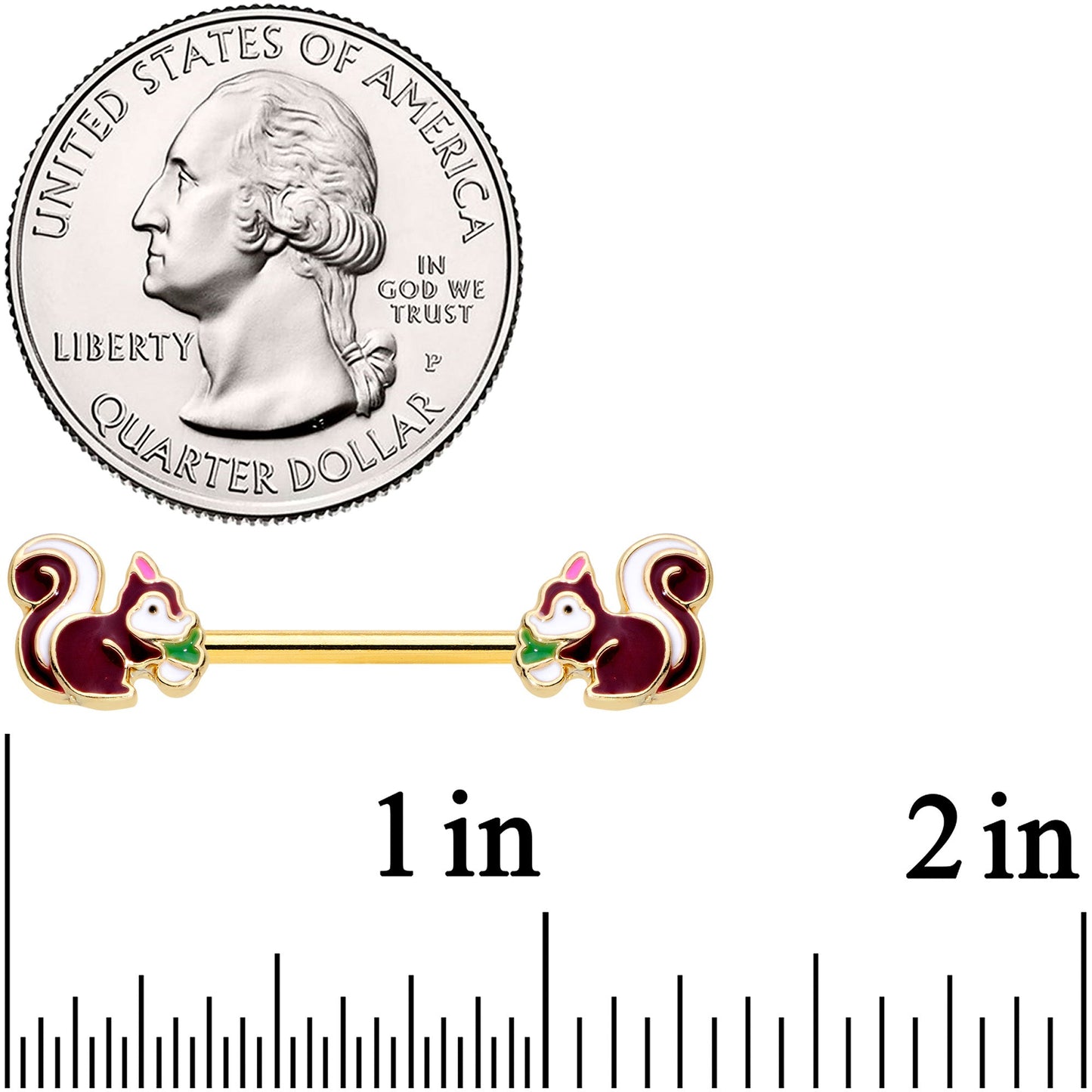 14G 9/16 Gold Tone Snacking Squirrel Barbell Nipple Ring Set