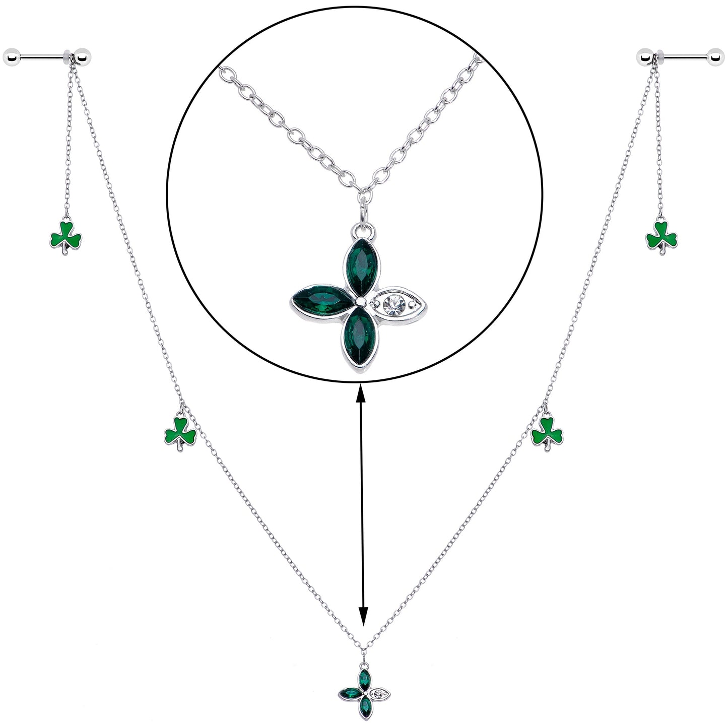 14G 9/16 Green Gem Shamrock St Patricks Day Dangle Nipple Chain