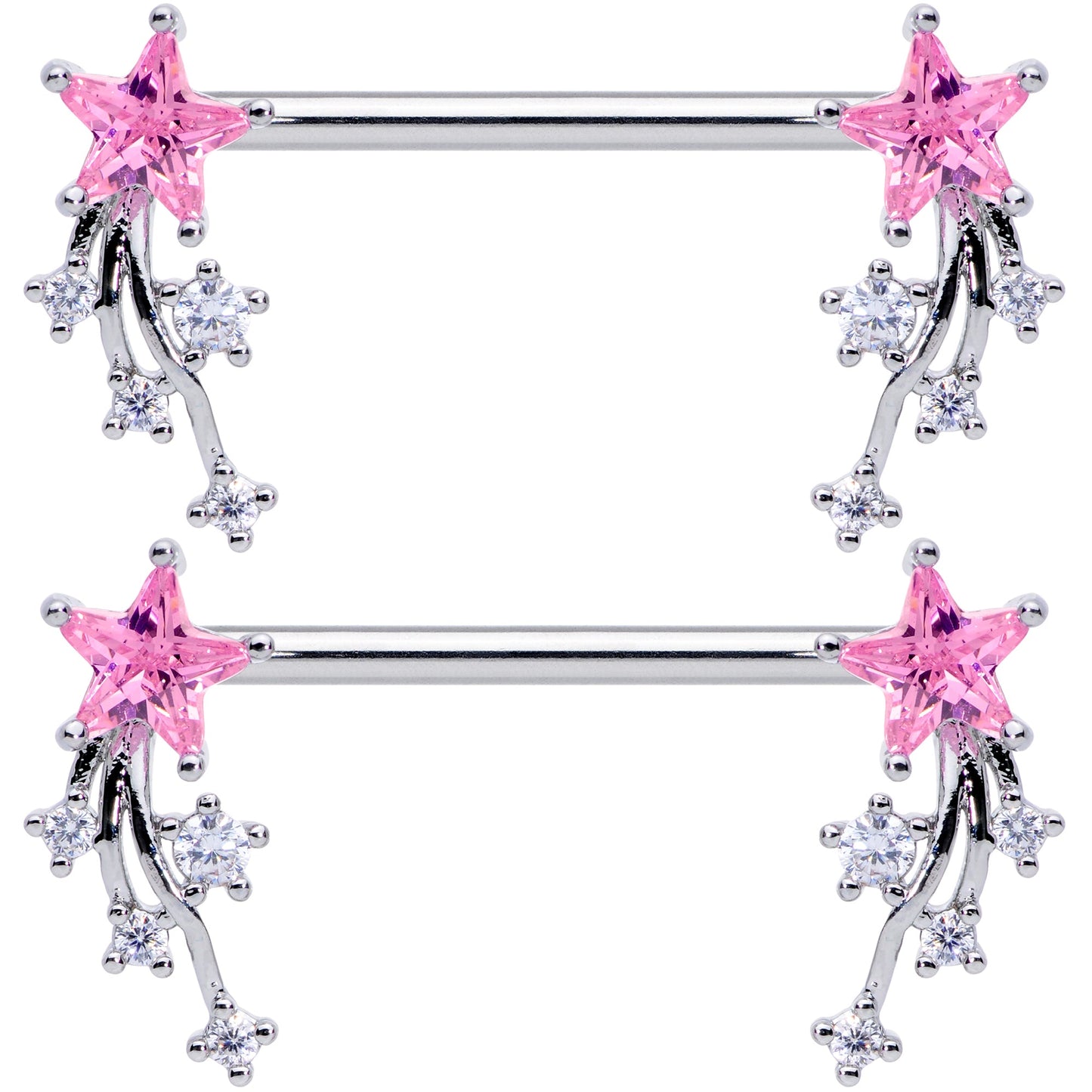 14G 5/8 Pink Clear CZ Gem Shooting Star Barbell Nipple Ring Set