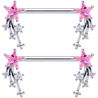 14G 5/8 Pink Clear CZ Gem Shooting Star Barbell Nipple Ring Set