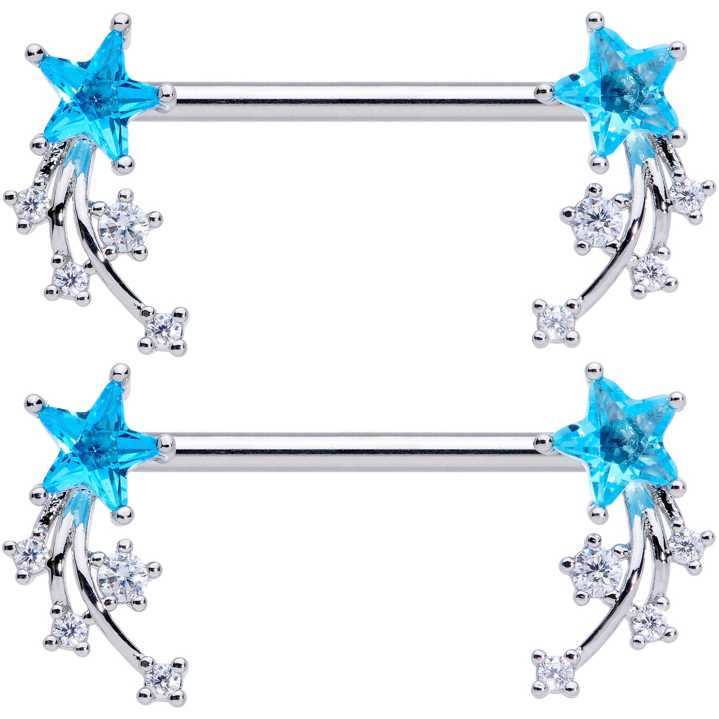 14G 5/8 Aqua Clear CZ Gem Shooting Star Barbell Nipple Ring Set