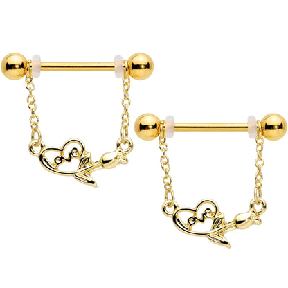 14G 11/16 Gold Tone Love Rose Dangle Nipple Ring Set