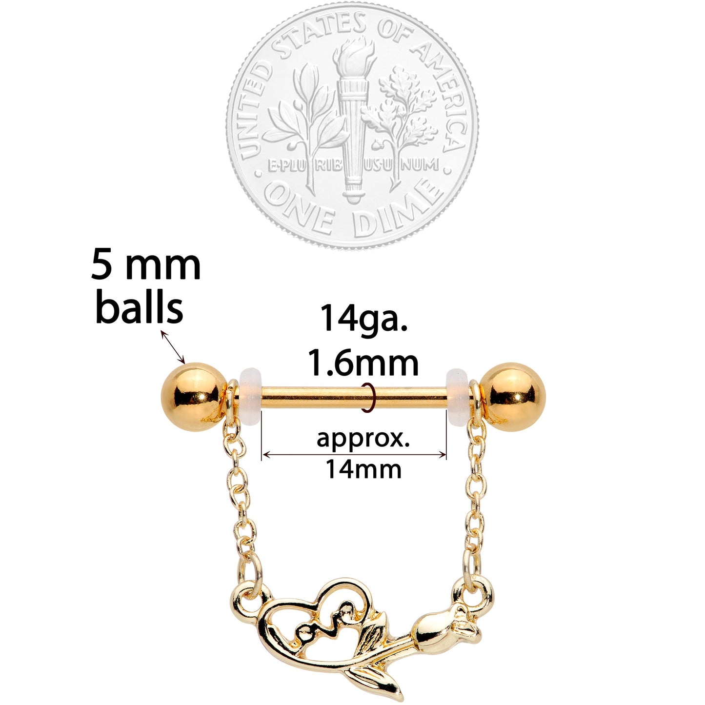 14G 11/16 Gold Tone Love Rose Dangle Nipple Ring Set