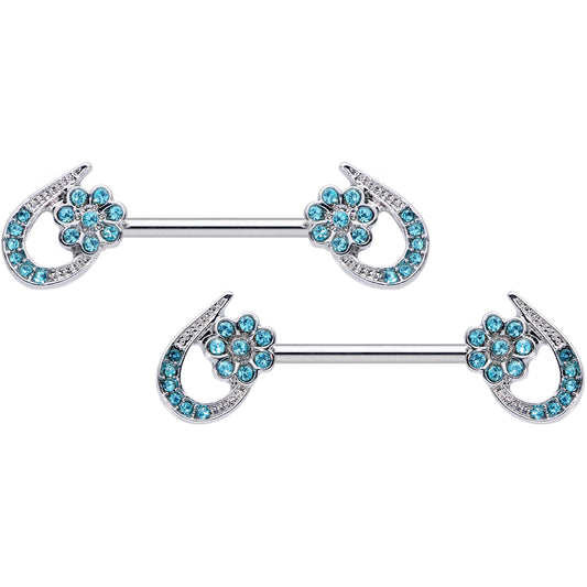 14G 5/8 Aqua Gem Heart Flower Barbell Nipple Ring Set