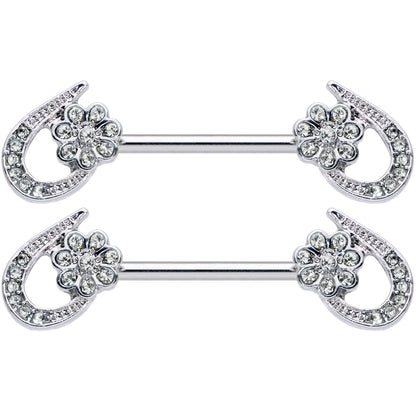 14G 5/8 Clear Gem Heart Flower Barbell Nipple Ring Set