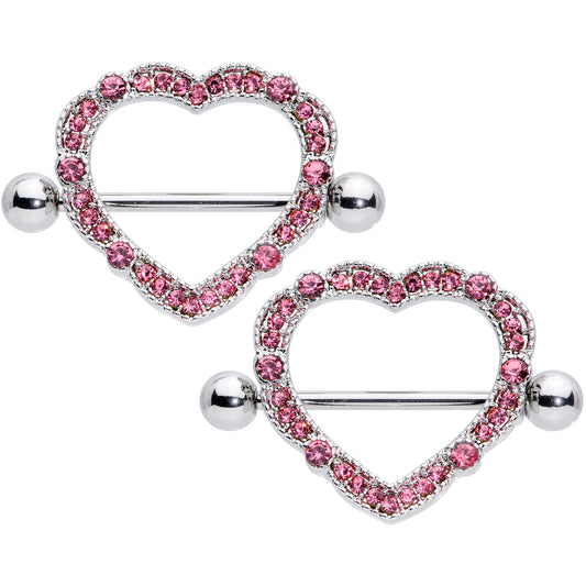 14G 9/16 Pink Gem Love Hearts Nipple Shield Set