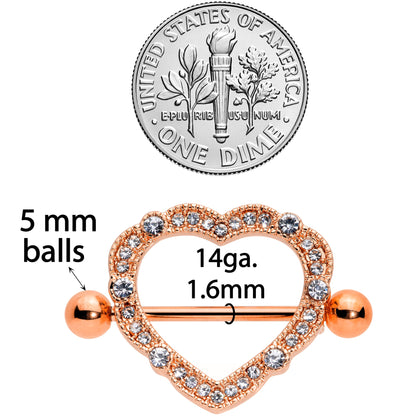 14G 9/16 Clear Gem Rose Gold Tone Love Hearts Nipple Shield Set