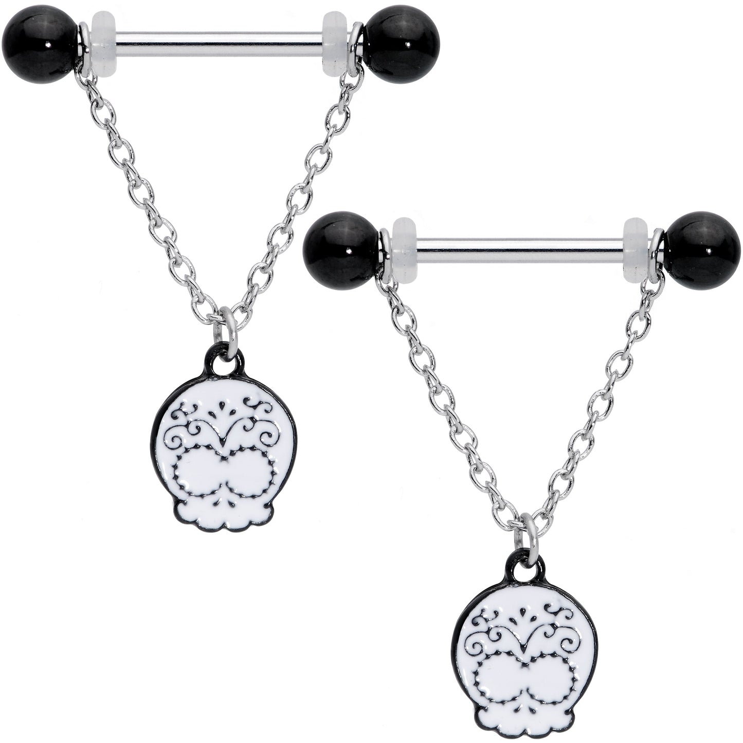 14G 11/16 Black UV Ball Sugar Skull Chain Dangle Nipple Ring Set