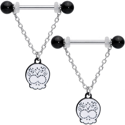 14G 11/16 Black UV Ball Sugar Skull Chain Dangle Nipple Ring Set