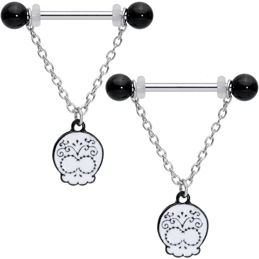 14G 11/16 Black UV Ball Sugar Skull Chain Dangle Nipple Ring Set