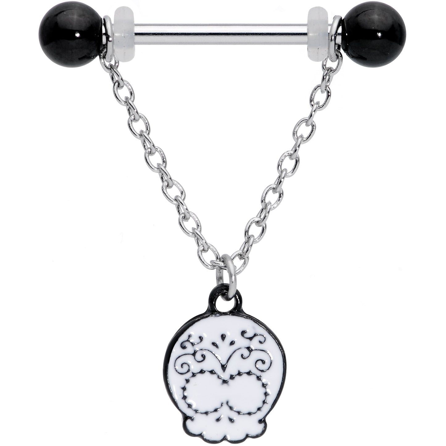 14G 11/16 Black UV Ball Sugar Skull Chain Dangle Nipple Ring Set