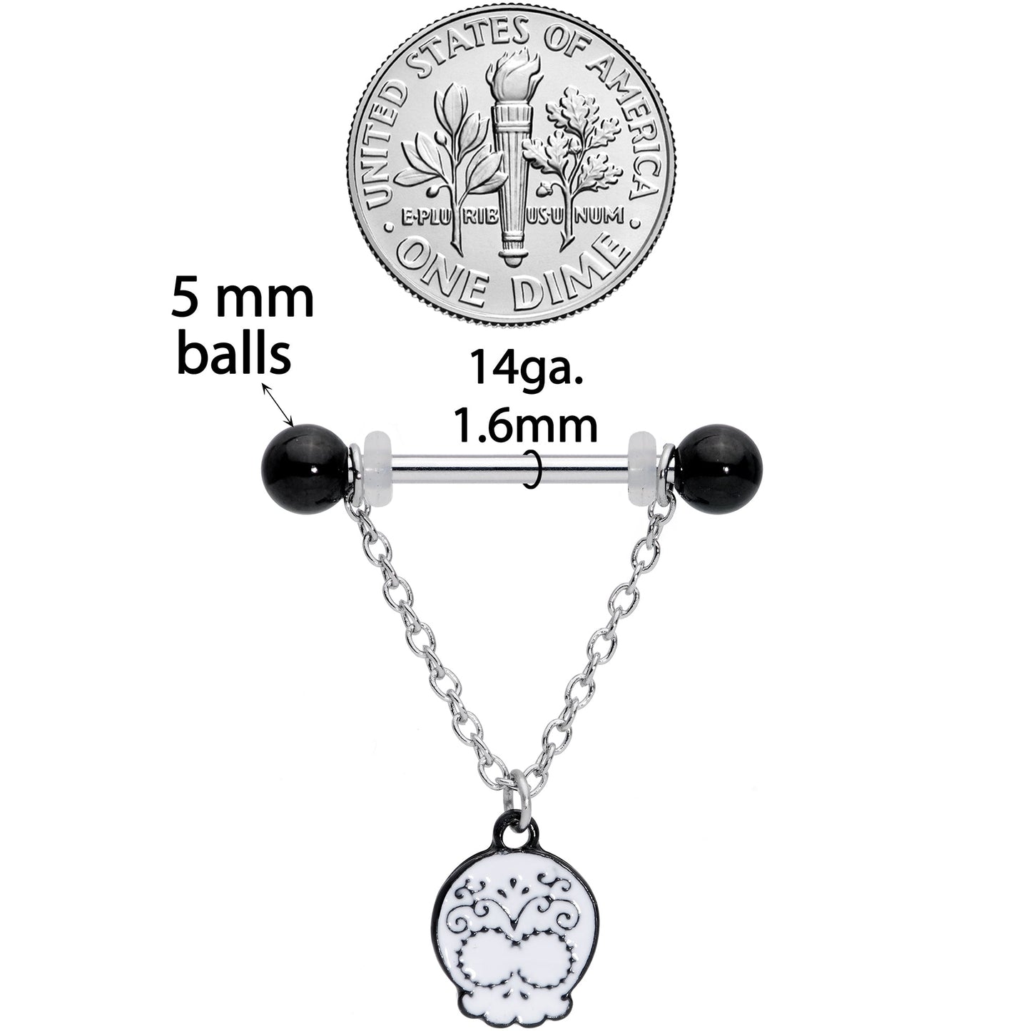 14G 11/16 Black UV Ball Sugar Skull Chain Dangle Nipple Ring Set