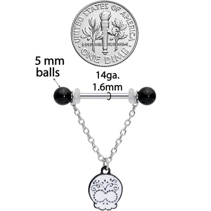 14G 11/16 Black UV Ball Sugar Skull Chain Dangle Nipple Ring Set