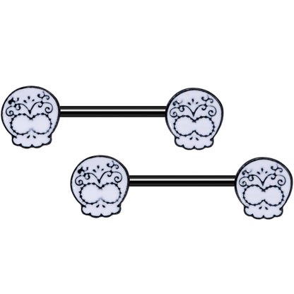 14G 9/16 Black Calavera Sugar Skull Barbell Nipple Ring Set