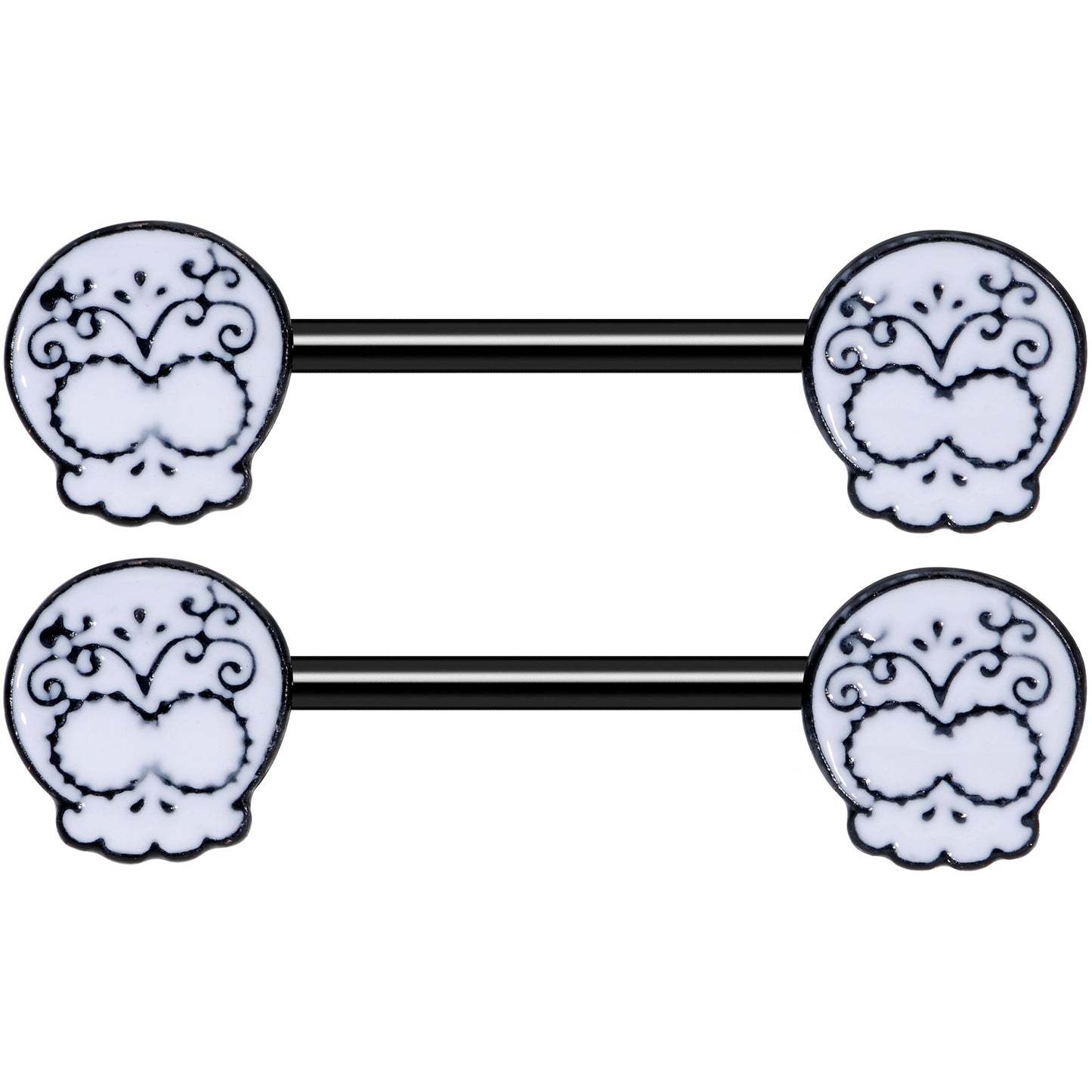 14G 9/16 Black Calavera Sugar Skull Barbell Nipple Ring Set