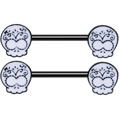 14G 9/16 Black Calavera Sugar Skull Barbell Nipple Ring Set