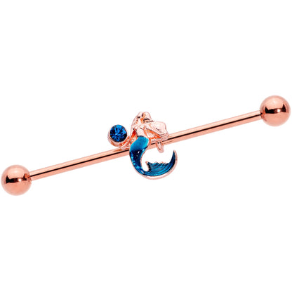 14G Aqua Gem Rose Gold Tone Mermaid Industrial Barbell 38mm