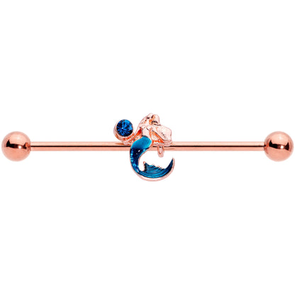 14G Aqua Gem Rose Gold Tone Mermaid Industrial Barbell 38mm