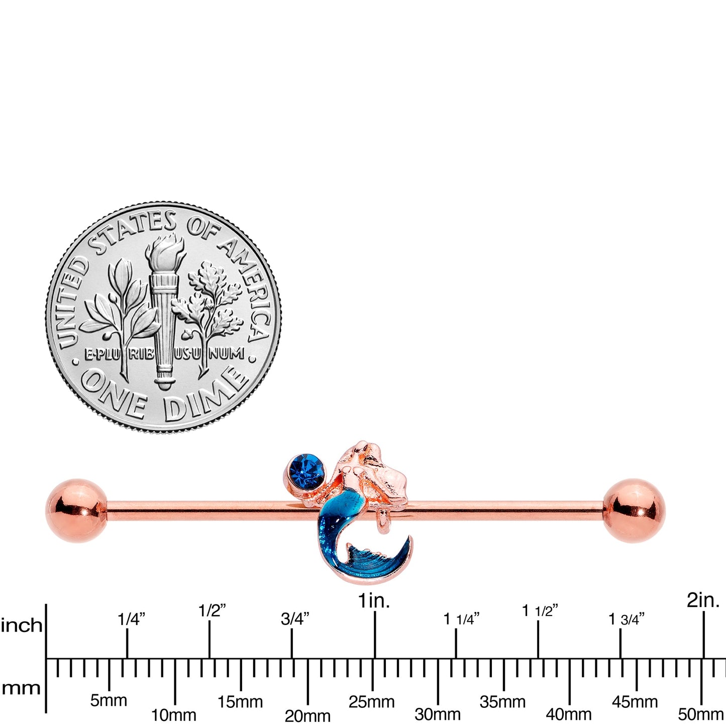 14G Aqua Gem Rose Gold Tone Mermaid Industrial Barbell 38mm