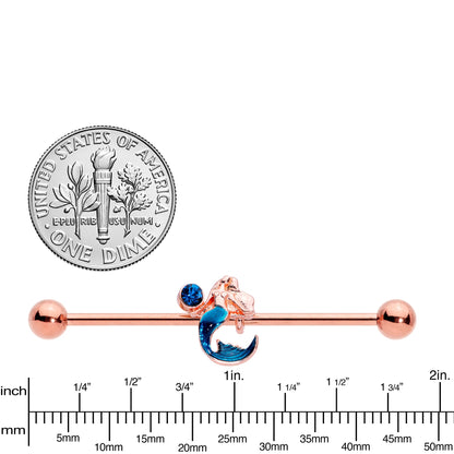 14G Aqua Gem Rose Gold Tone Mermaid Industrial Barbell 38mm
