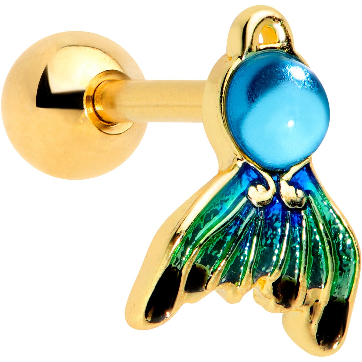 16G 1/4 Gold Tone Blue Green Mermaid Tail Cartilage Tragus