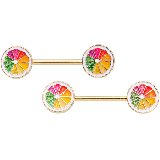 14G 5/8 Gold Tone Rainbow Grapefruit Barbell Nipple Ring Set